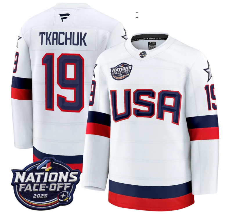 Men's Matthew Tkachuk Jersey #19 USA White 2025 4 Nations Face-Off Stitched by Hockey David
