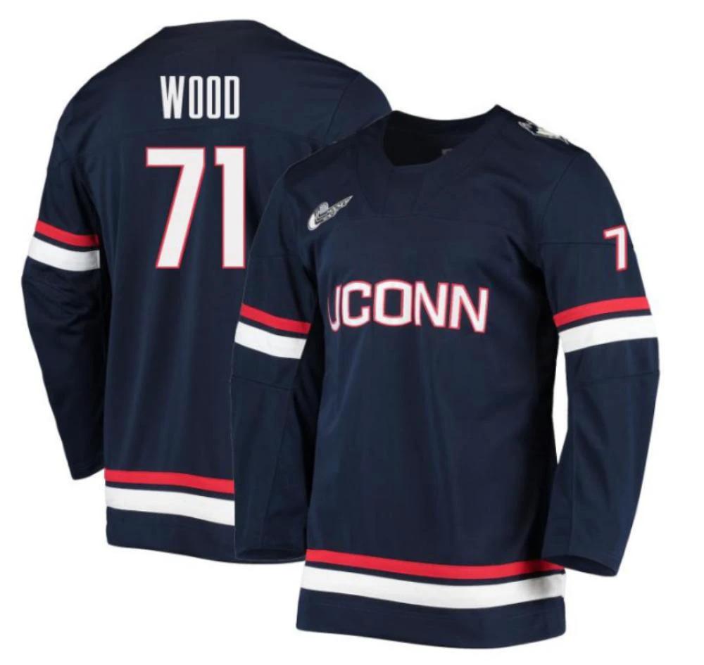 Men's Matthew Wood #71 UConn Huskies College Hockey All Stitched Navy Jersey by Hockey David