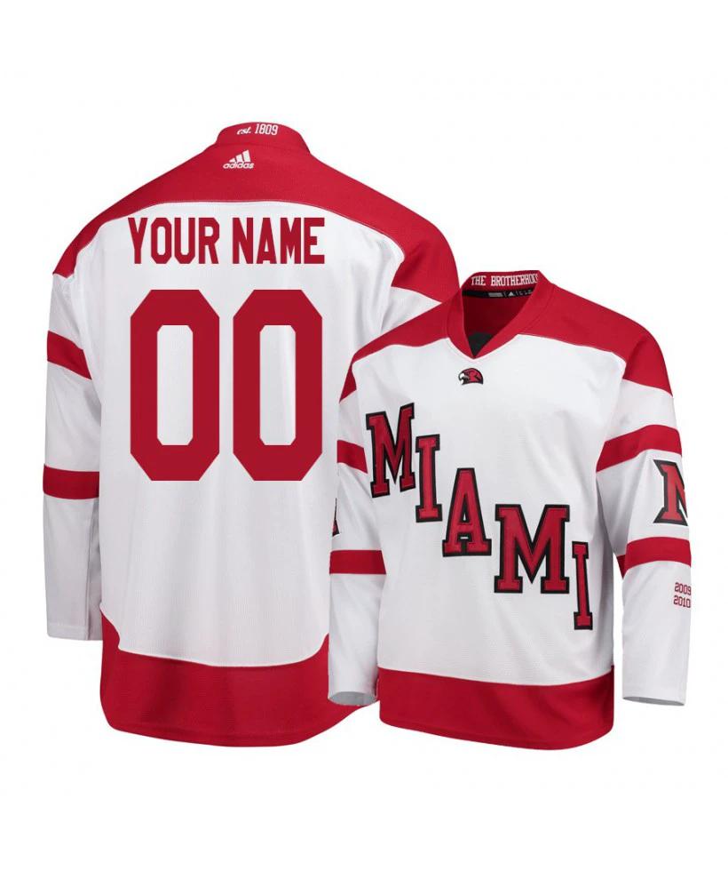 Men's Miami University RedHawks White Custom Hockey Jersey by Hockey David