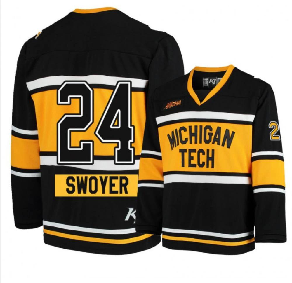 Men's Michigan Tech Huskies #24 Colin Swoyer Hockey All Stitched Black Jersey by Hockey David