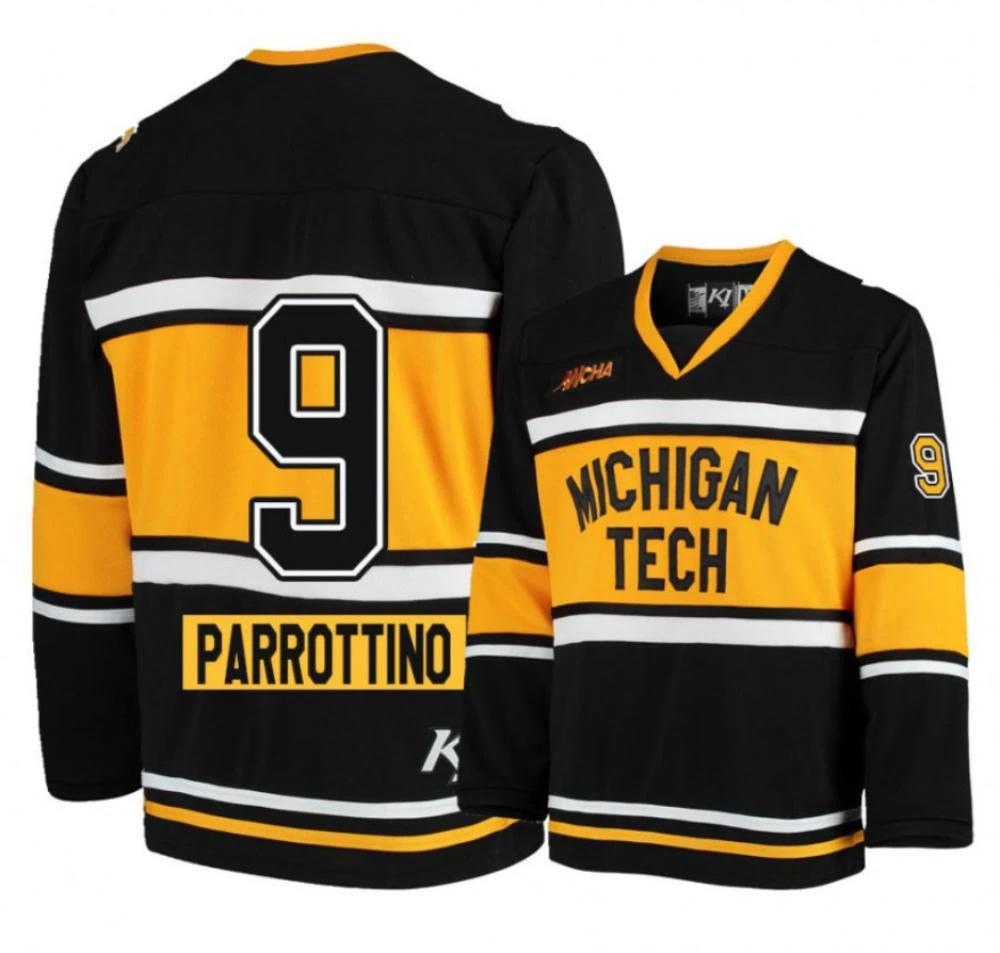 Men's Michigan Tech Huskies #9 Tommy Parrottino Hockey Black All Stitched Jersey by Hockey David