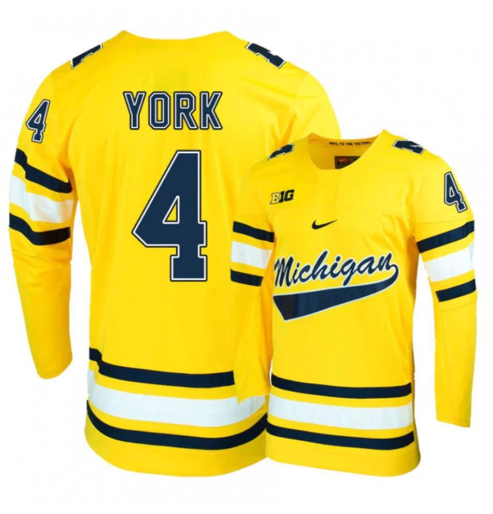 Men's Michigan Wolverines Cameron York #4 College Hockey Stitched Gold Jersey by Hockey David