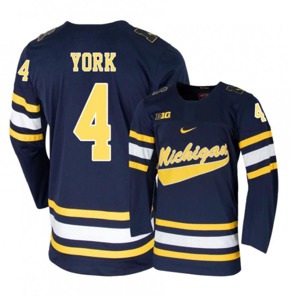 Men's Michigan Wolverines Cameron York #4 College Hockey Stitched Navy Jersey by Hockey David