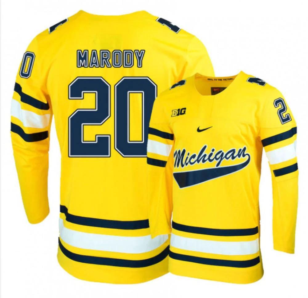 Men's Michigan Wolverines Cooper Marody #20 College Hockey Stitched Gold Jersey by Hockey David