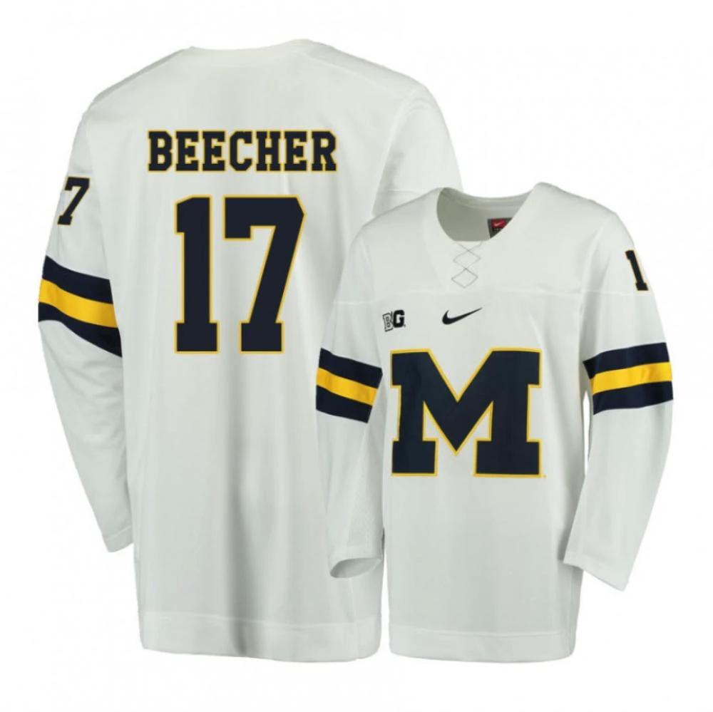 Men's Michigan Wolverines J. Beecher #17 College Hockey Stitched White Jersey (Copy) by Hockey David