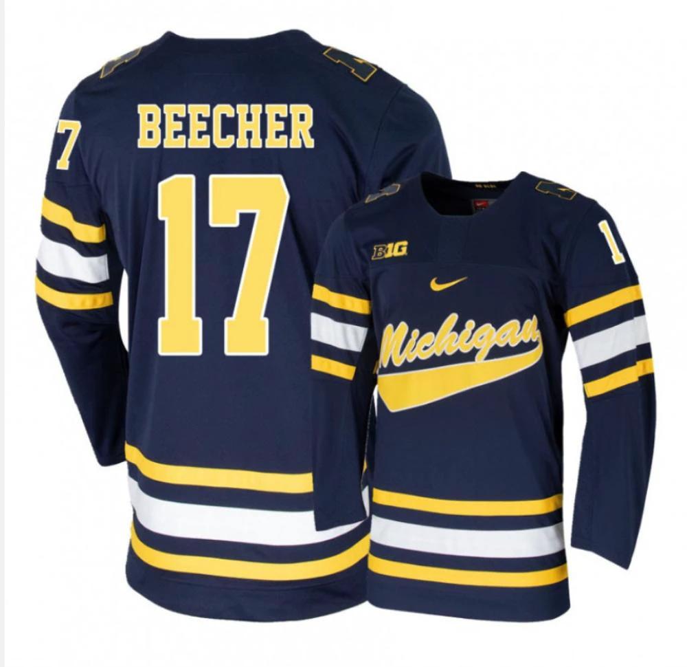 Men's Michigan Wolverines J. Beecher #17 Colllege Hockey Stitched Navy Jersey by Hockey David
