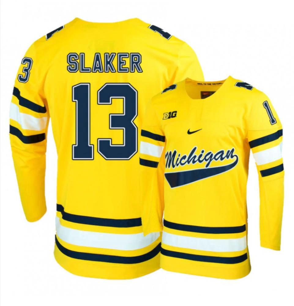 Men's Michigan Wolverines Jake Slaker #13 College Hockey Stitched Gold Jersey by Hockey David