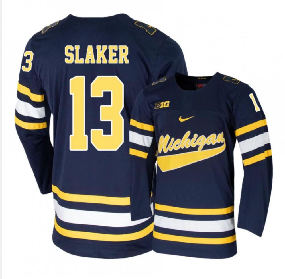 Men's Michigan Wolverines Jake Slaker #13 College Hockey Stitched Navy Jersey by Hockey David