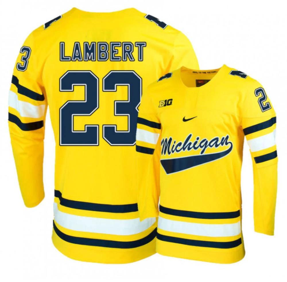 Men's Michigan Wolverines Jimmy Lambert #23 College Hockey Stitched Gold Jersey by Hockey David