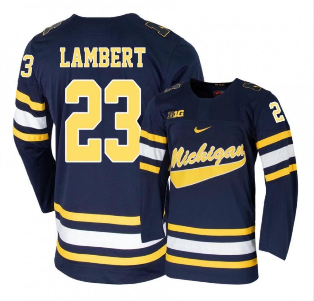 Men's Michigan Wolverines Jimmy Lambert #23 College Hockey Stitched Navy Jersey by Hockey David