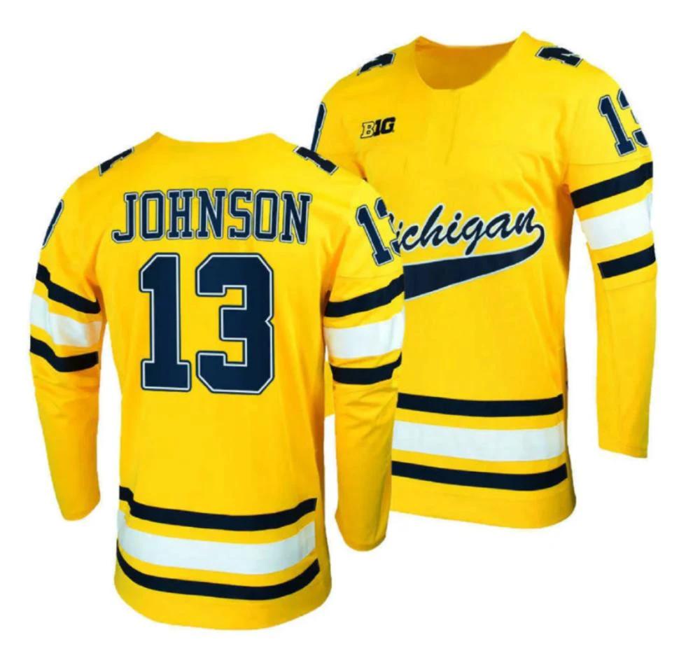 Men's Michigan Wolverines Jonhson #13 College Hockey Stitched Gold Jersey by Hockey David