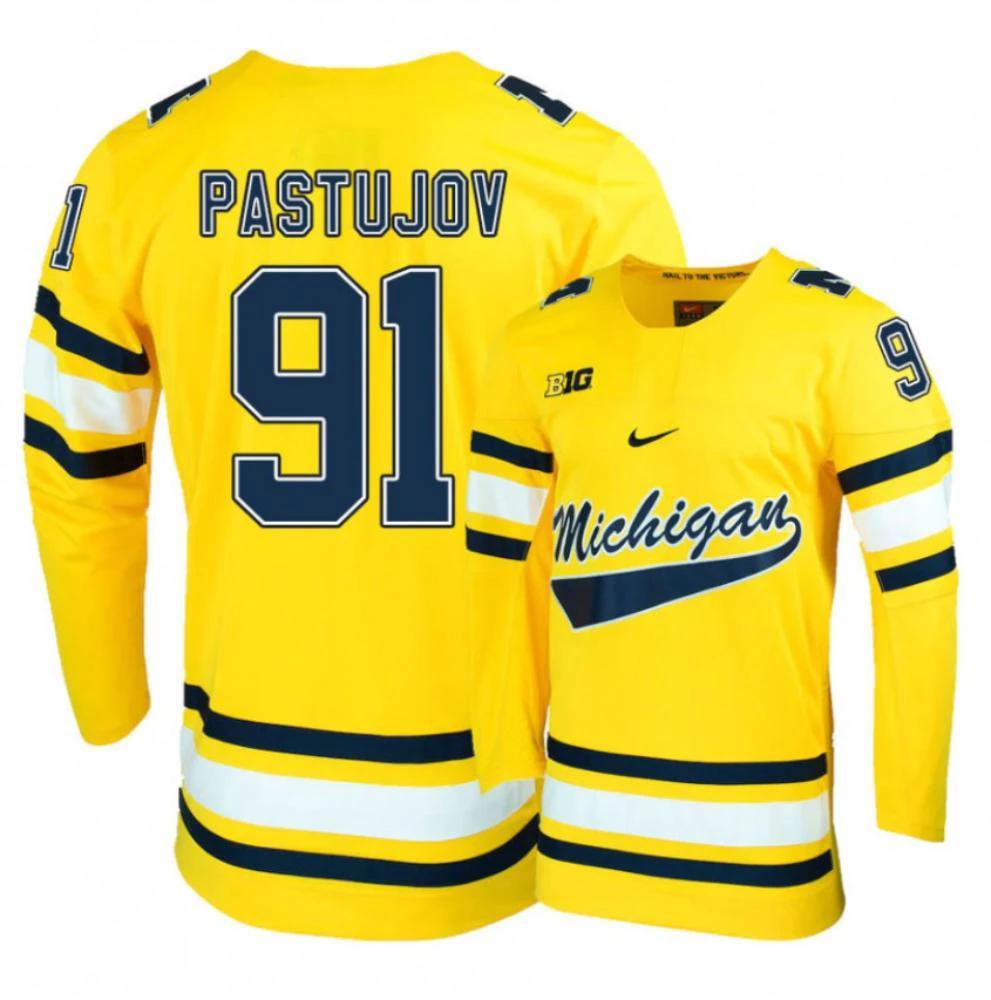 Men's Michigan Wolverines Nick Pastujov #91 College Hockey Stitched Gold Jersey by Hockey David