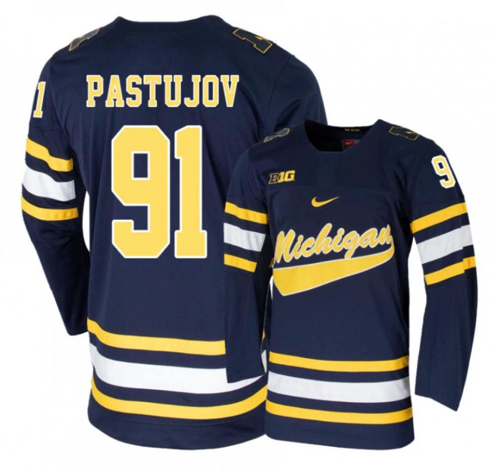 Men's Michigan Wolverines Nick Pastujov #91 College Hockey Stitched Navy Jersey by Hockey David