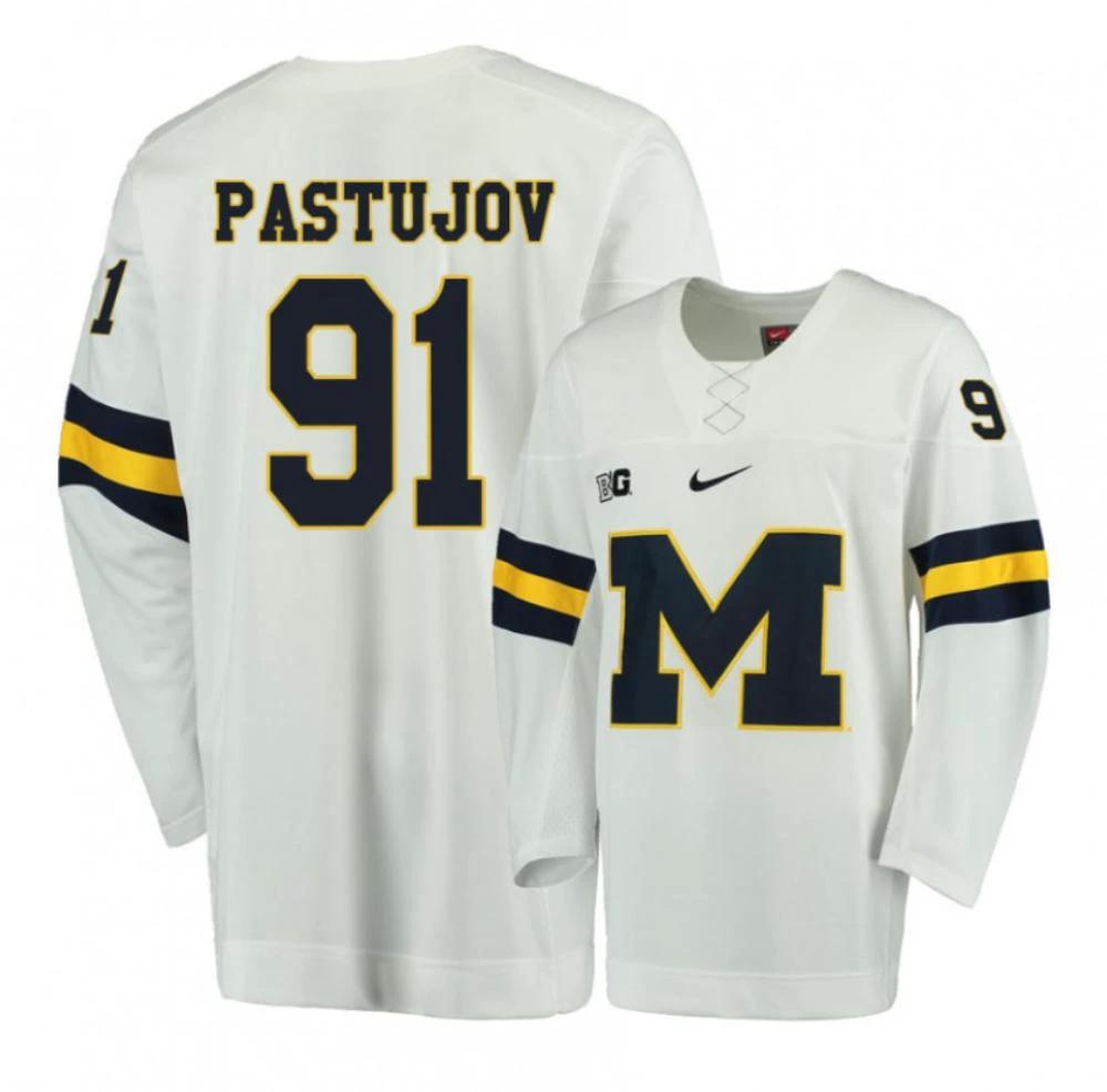 Men's Michigan Wolverines Nick Pastujov #91 College Hockey Stitched White Jersey (Copy) by Hockey David