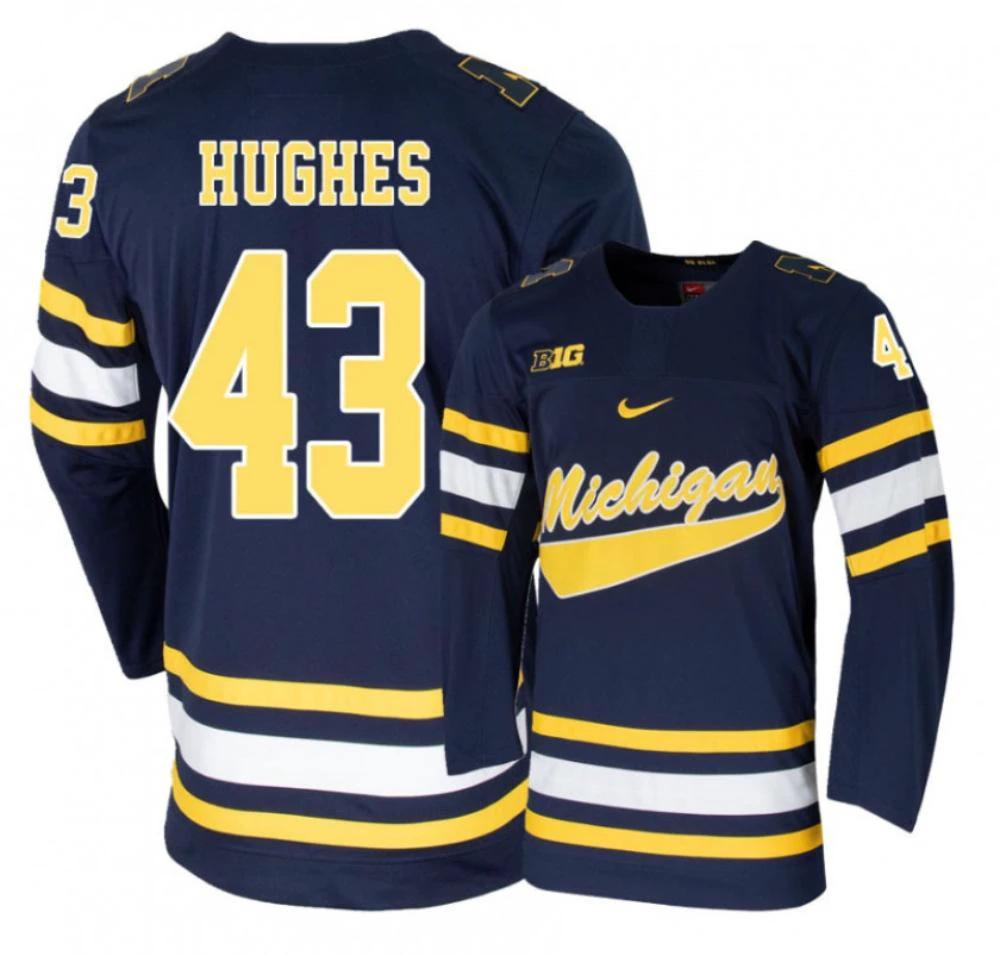 Men's Michigan Wolverines Quinn Hughes #43 College Hockey Stitched Navy Jersey by Hockey David