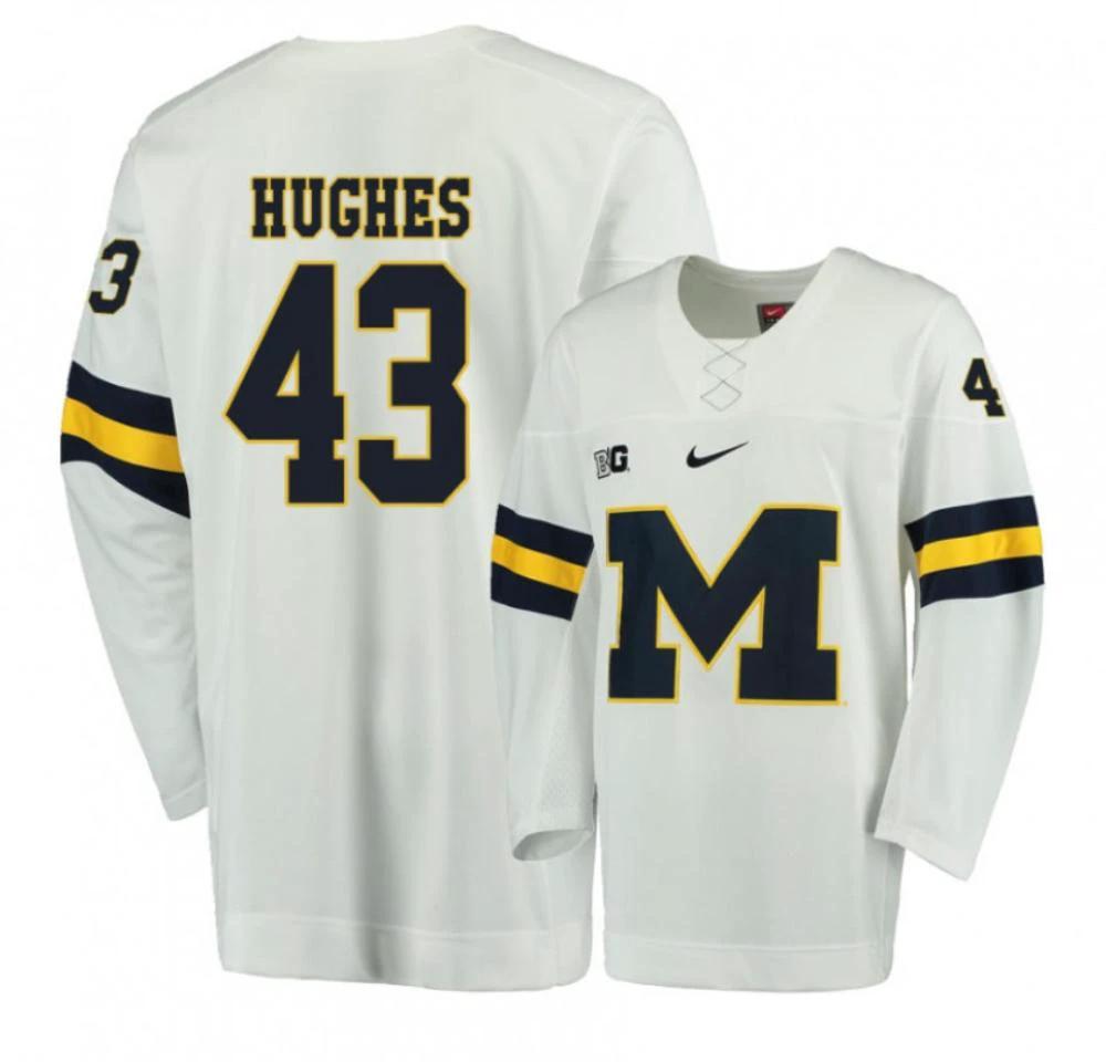 Men's Michigan Wolverines Quinn Hughes #43 College Hockey Stitched White Jersey by Hockey David