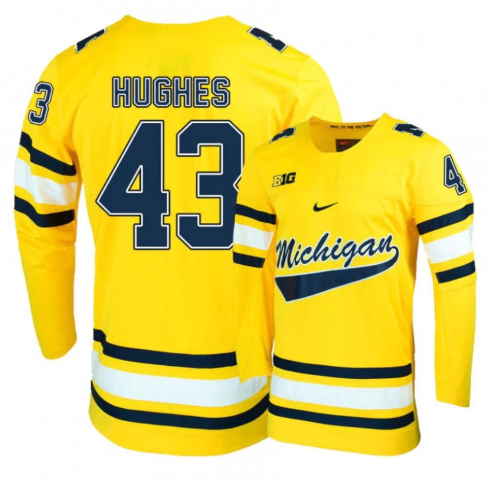 Men's Michigan Wolverines Quinn Hughes #43 NCAA Hockey Stitched Gold Jersey by Hockey David