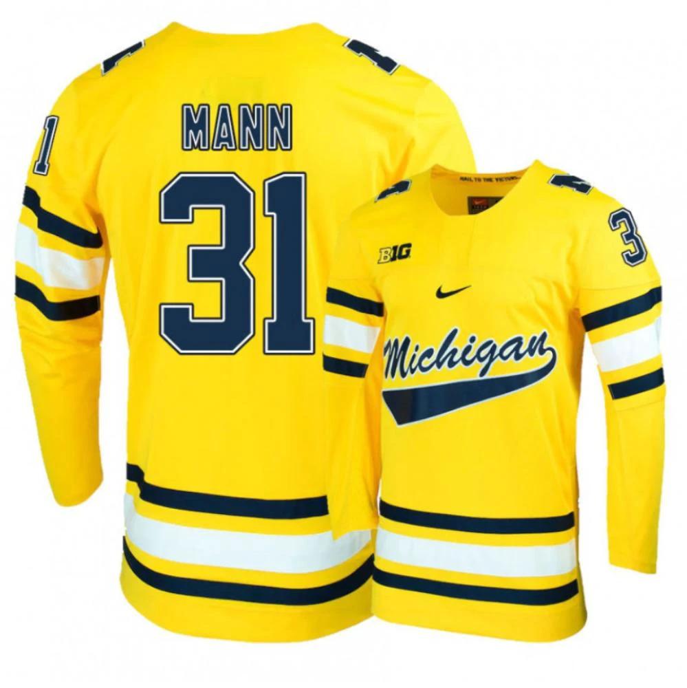 Men's Michigan Wolverines Strauss Mann #31 College Hockey Stitched Gold Jersey by Hockey David