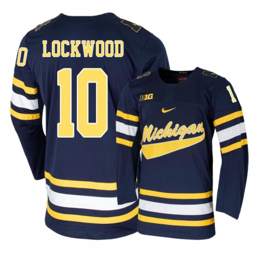 Men's Michigan Wolverines Will Lockwood #10 College Hockey Stitched Navy Jersey by Hockey David