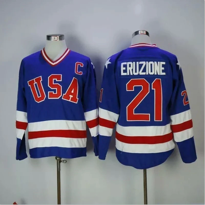 Men's Mike Eruzione Jersey #21 1980 Miracle On Ice Blue All Stitched by Hockey David