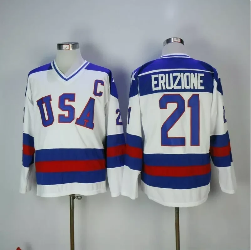 Men's Mike Eruzione Jersey #21 1980 Miracle On Ice White All Stitched by Hockey David