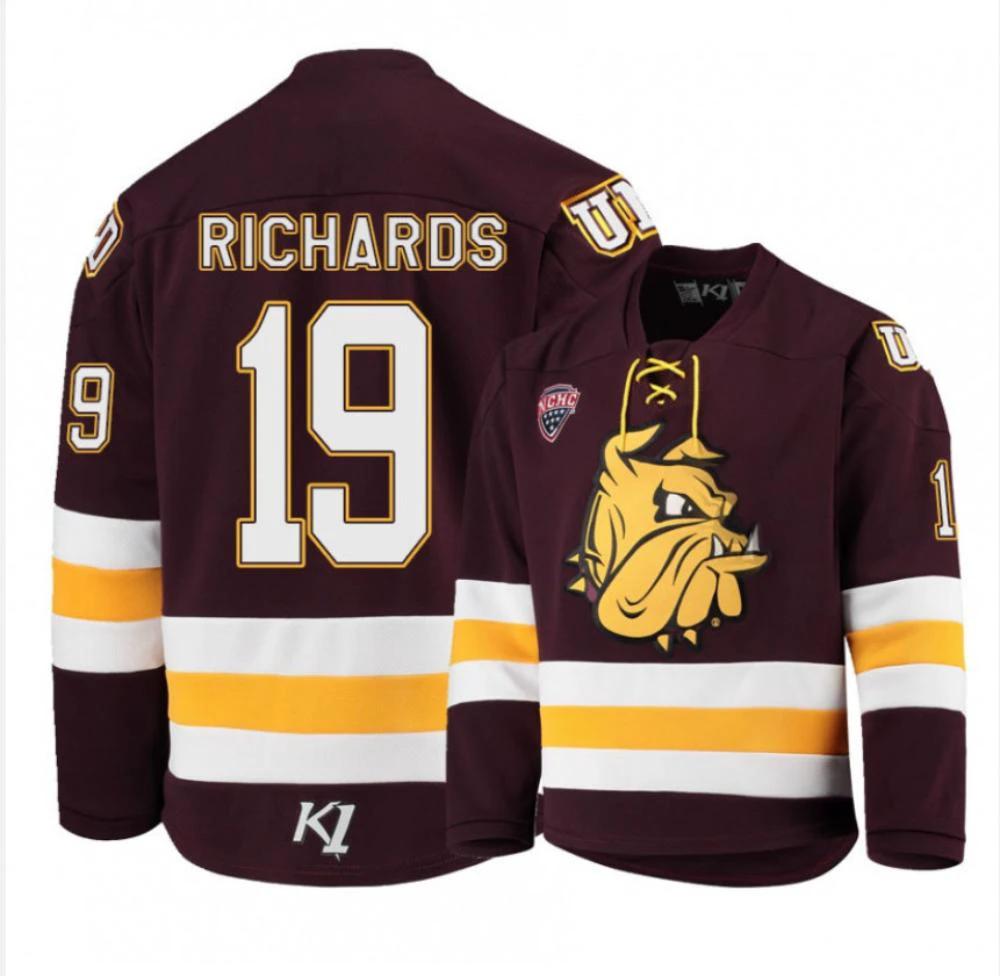 Men's Minnesota Duluth Bulldogs #19 J. Richards Hockey Stitched Maroon Jersey by Hockey David