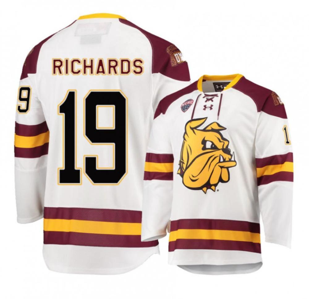 Men's Minnesota Duluth Bulldogs #19 Justin Richards Hockey Stitched White Jersey by Hockey David