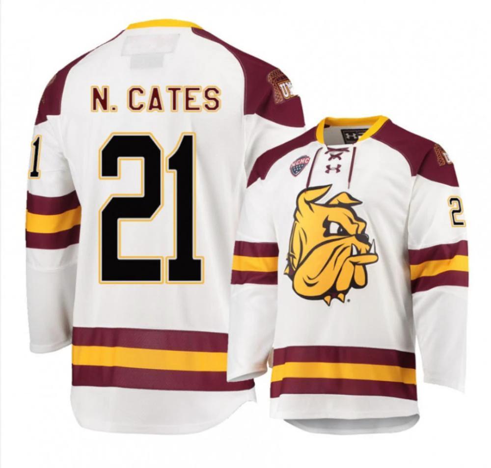 Men's Minnesota Duluth Bulldogs #21 Noah Cates Hockey All Stitched White Jersey by Hockey David