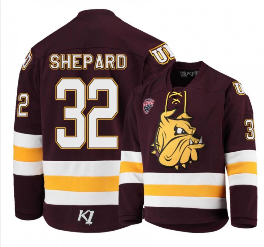 Men's Minnesota Duluth Bulldogs #32 Hunter Shepard Hockey Stitched MaroonJersey by Hockey David