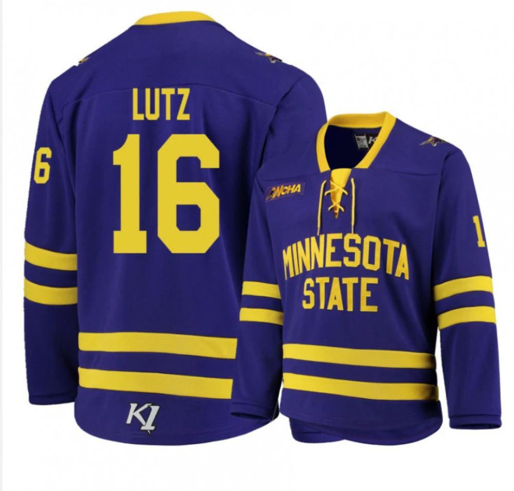 Men's Minnesota State University Mankato #16 Reggie Lutz Hockey Stitched Jersey by Hockey David