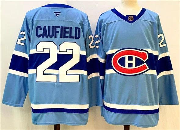 Men's Montreal Canadiens #22 Cole Caufield Jersey Blue 2024-25 Reverse Retro Stitched by Hockey David