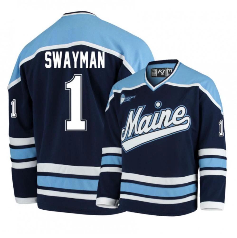 Men's NCAA 2024 Maine Black Bears #1 Jeremy Swayman Navy Blue Hockey Jersey by Hockey David
