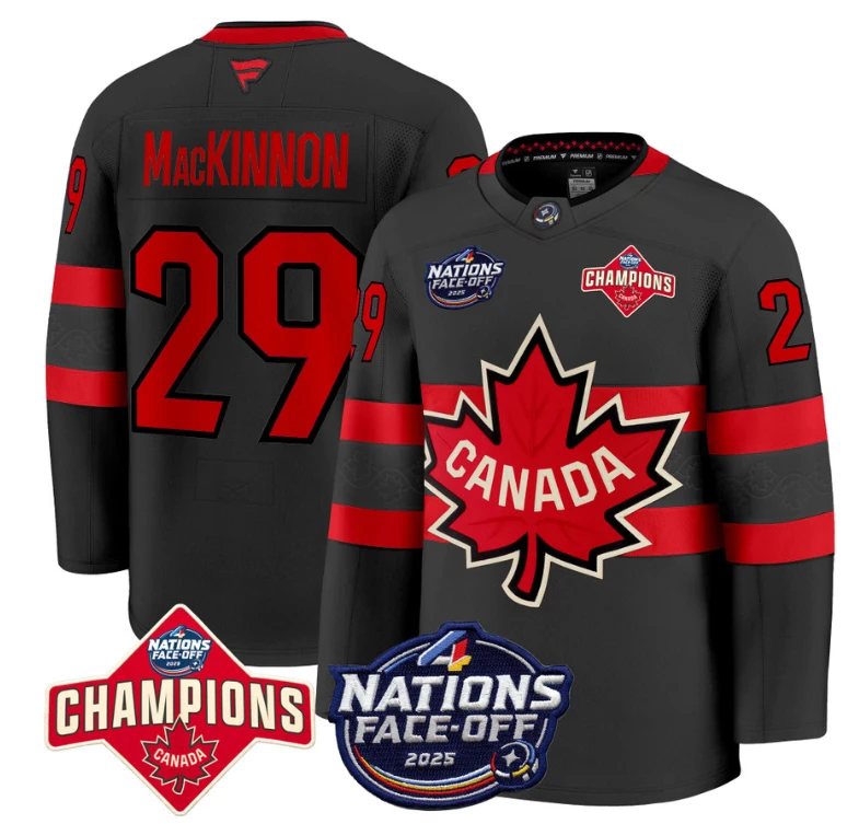 Men's Nathan MacKinnon Jersey #29 Canada 4 Nations Face-Off 2025 Champions Black by Hockey David