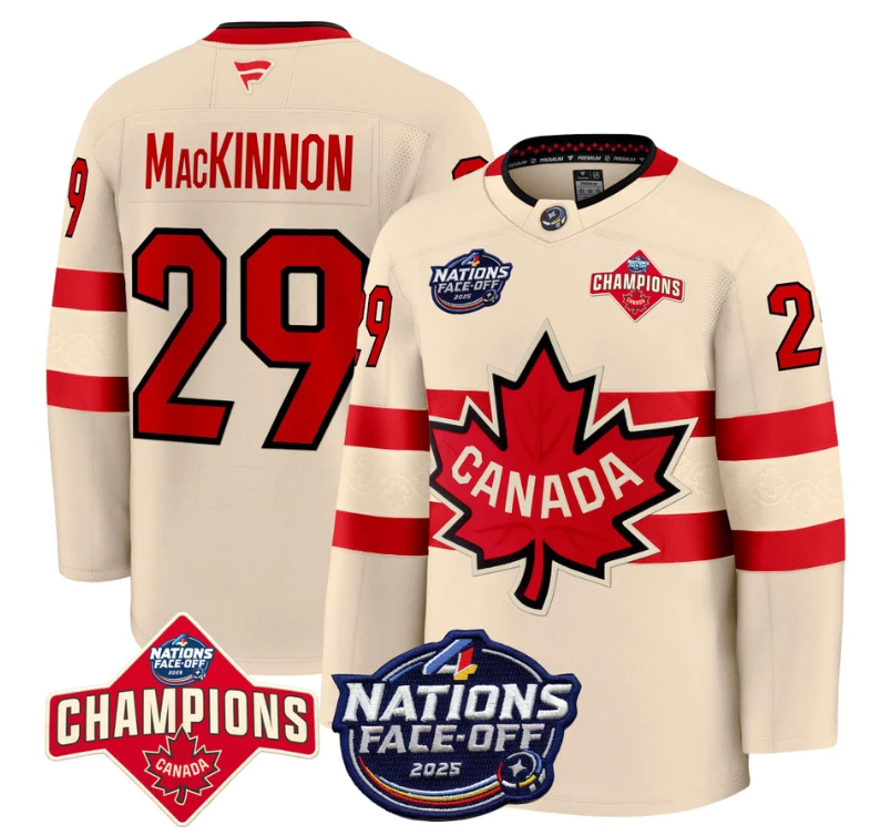 Men's Nathan MacKinnon Jersey #29 Canada 4 Nations Face-Off 2025 Champions Cream by Hockey David