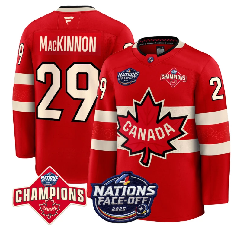 Men's Nathan MacKinnon Jersey #29 Canada 4 Nations Face-Off 2025 Champions Red by Hockey David