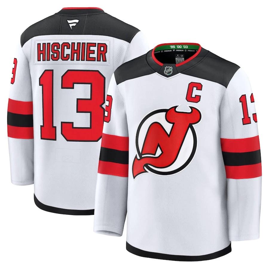 Men's New Jersey Devils #13 Nico Hischier Away Premium Jersey White by Hockey David