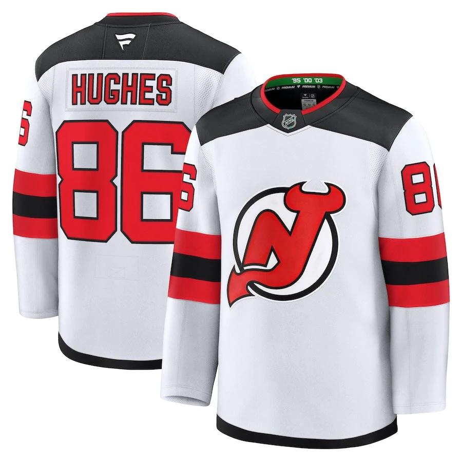 Men's New Jersey Devils #86 Jack Hughes Away Premium Jersey White by Hockey David