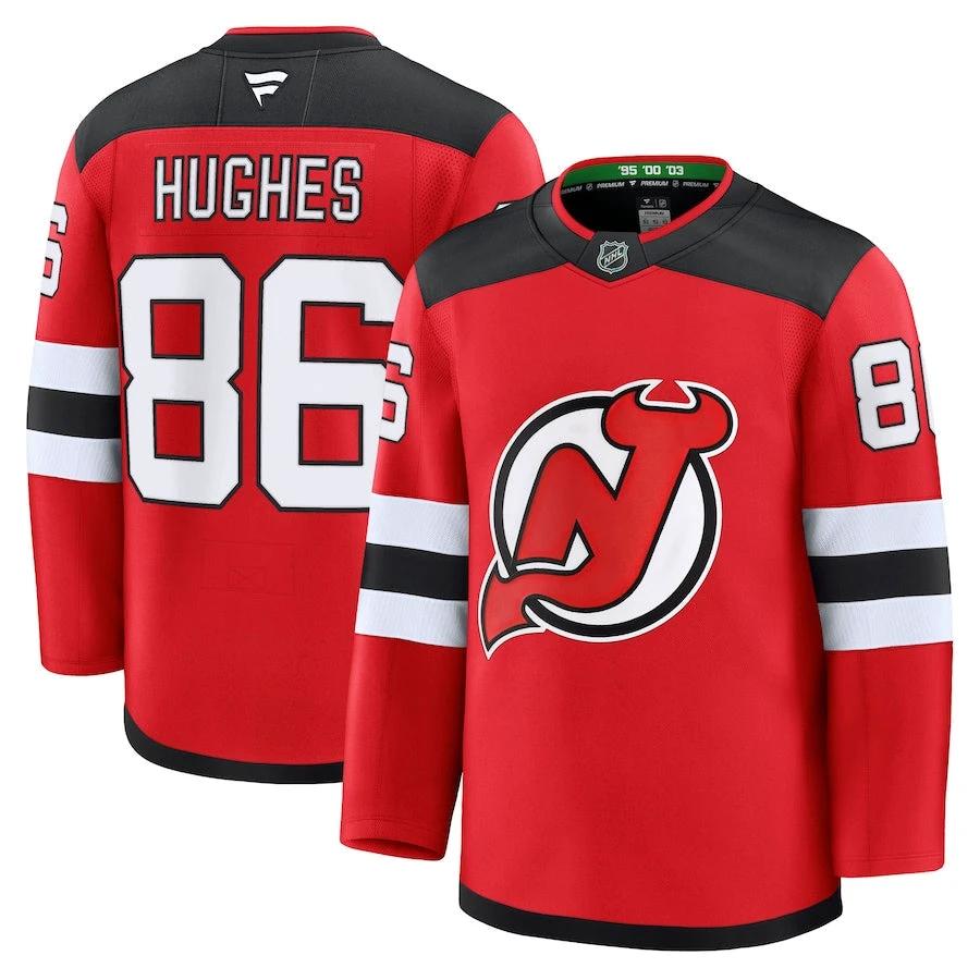 Men's New Jersey Devils #86 Jack Hughes Home Premium Jersey Red by Hockey David