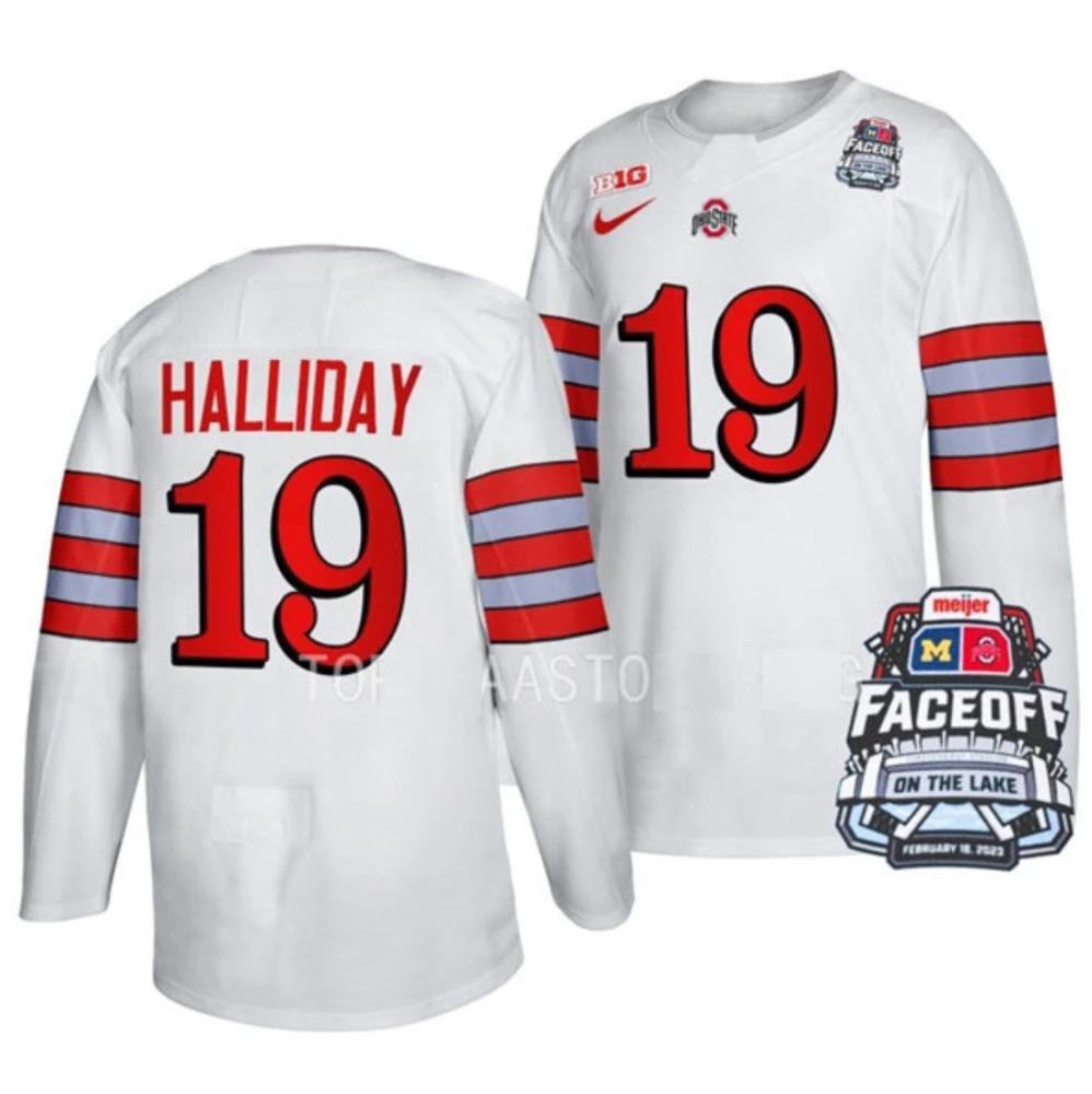 Men's Ohio State Buckeyes #19 S. Halliday College Hockey Stitched White Jersey by Hockey David