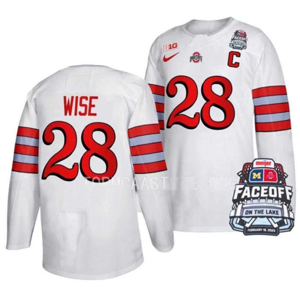 Men's Ohio State Buckeyes #28 Jake Wise College Hockey Stitched Jersey White by Hockey David