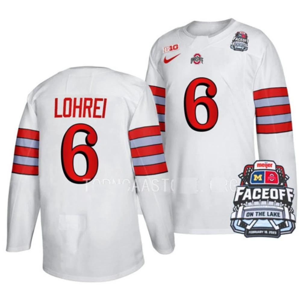 Men's Ohio State Buckeyes #6 Mason Lohrei College Hockey Stitched Jersey White by Hockey David
