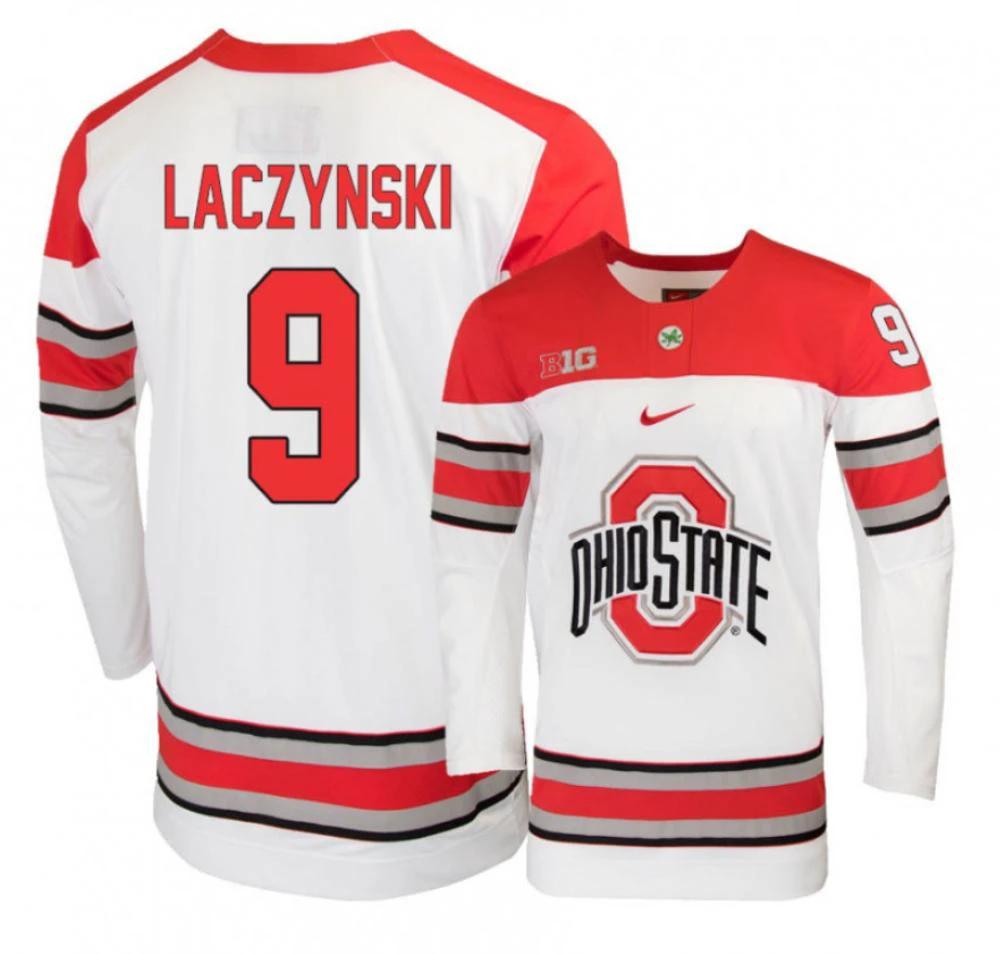 Men's Ohio State Buckeyes #9 T. Laczynski College Hockey Stitched White Jersey by Hockey David