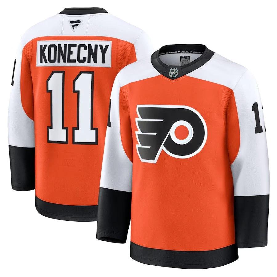 Men's Philadelphia Flyers #11 Travis Konecny Home Premium Jersey Burnt Orange by Hockey David