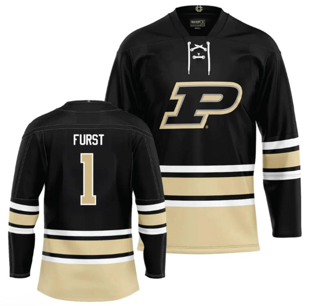 Men's Purdue Boilermakers Caleb Furst Jersey #1 Ice Hockey Black all Stitched by Hockey David