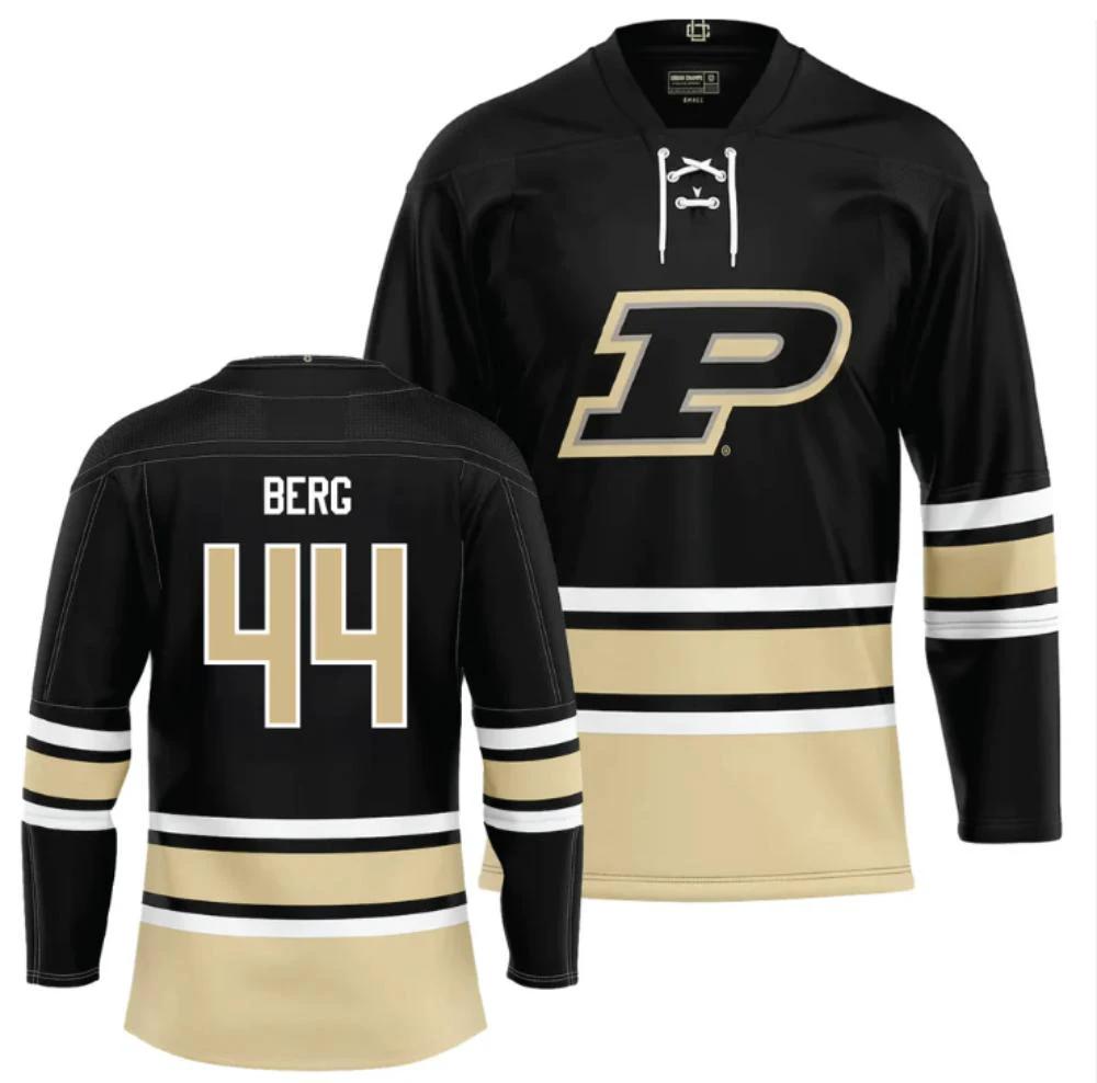 Men's Purdue Boilermakers William Berg Jersey #44 Ice Hockey Black all Stitched by Hockey David