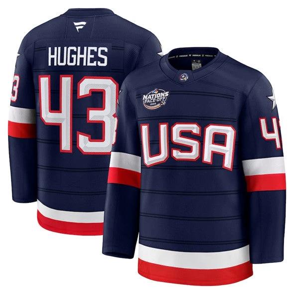 Men's Quinn Hughes Jersey #43 USA Navy 2025 4 Nations Face-Off All Stitched by Hockey David