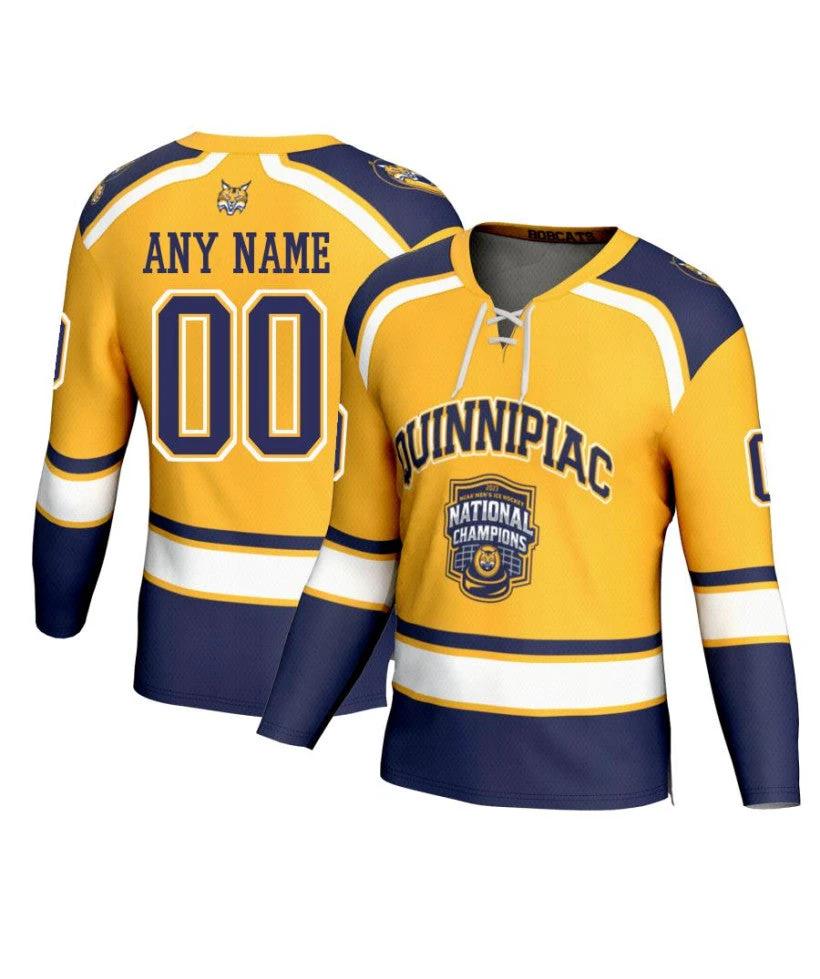 Men's Quinnipiac Bobcats Custom Gold Fashion 2023 National Champions Hockey Jersey by Hockey David