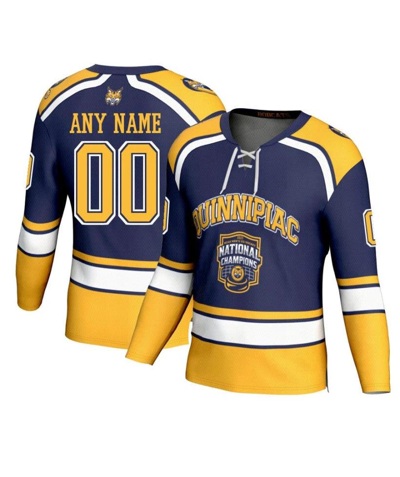 Men's Quinnipiac Bobcats Custom Navy Fashion 2023 National Champions Hockey Jersey by Hockey David