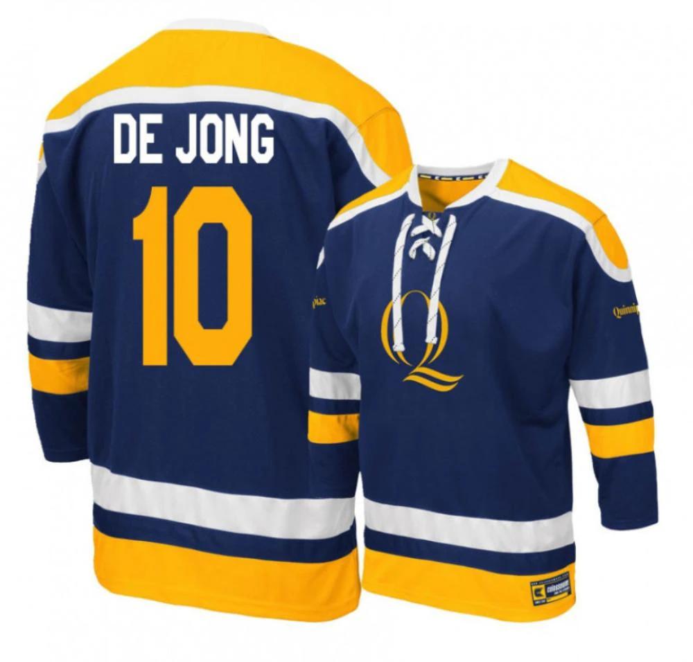 Men's Quinnipiac Bobcats #10 Ethan De Jong College Hockey Stitched Navy Jersey by Hockey David