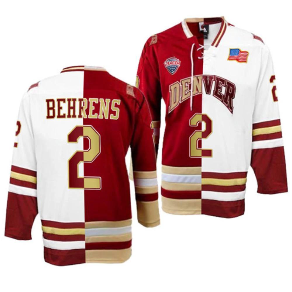 Men's Sean Behrens Jersey #2 Denver Pioneers College Hockey Crimson White Split by Hockey David